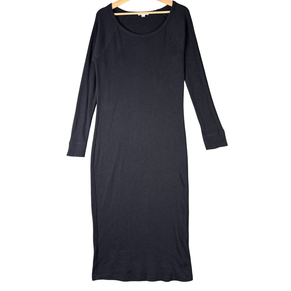 James Perse WSTH6657CU Waffle Knit Long Sleeve Midi Dress Black Size 2